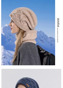 Close-up of cable knit texture on winter beanie and matching neck warmer set