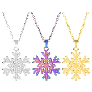 Three-color snowflake pendants in gold, silver and colorful purple on thin link chains