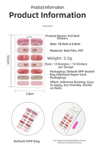 Detailed size chart for pink floral nail stickers featuring 14 pieces per sheet and packaging