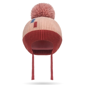 Warm winter knit hat for toddlers with faux fur pompom and protective earflaps