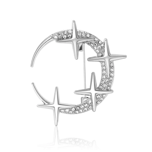 Silver crescent moon and stars brooch with sparkling rhinestones for women suit coats