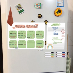 Macro view of magnetic weekly planner and to-do list set with 6 markers on a fridge