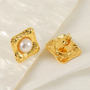 Elegant gold square pearl stud earrings with textured hammer finish for women