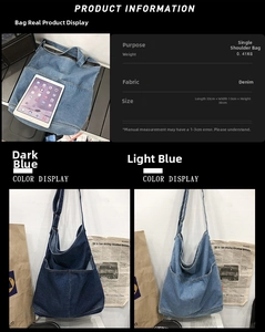 Detailed dimensions and color options for large denim tote bag 33x13x38cm
