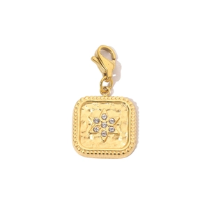 Detail of gold square starburst pendant with white zircon and lobster clasp