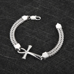 Silbernes Edelstahl-Doppelschlangenarmband mit Ankh-Kreuz-Anhänger für Herren