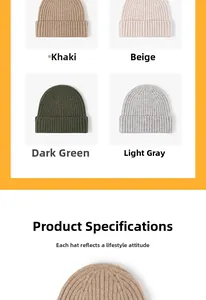 Detailed texture of thick ribbed knit wool beanie in khaki, beige, green, and grey