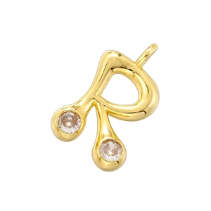 Detailed view of an 18K gold-plated letter R pendant with sparkling round cubic zirconia