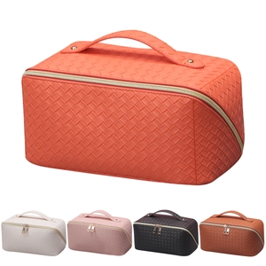 Große Kapazität PU Leder Gewebte Kosmetiktasche Gitter Geprägt Make-up Tasche Kulturbeutel Für Damen