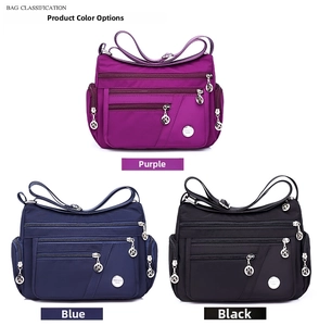 Waterproof nylon crossbody bag details showing multiple zipper pockets in purple, blue, and black