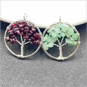 Handmade Tree of Life pendants with natural garnet and aventurine stones in silver wire