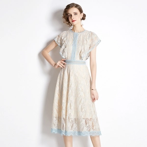 Elegant beige lace midi dress with light blue floral trim and ruffles for women