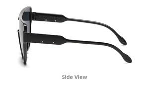 Side view detail of black oversized sunglasses showing the wide temple and sleek frame design