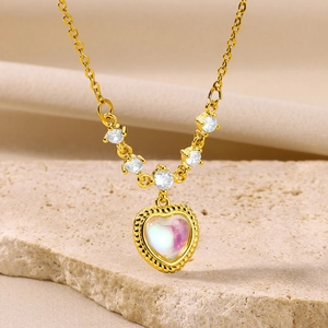 Vintage gold plated heart necklace with turquoise stone and zircon pendant for women