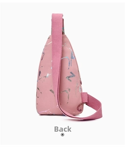 Rear view of a pink nylon sling bag featuring stylish silver abstract graphic prints