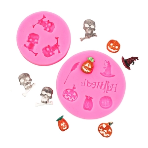 Halloween silicone molds set featuring skull, pumpkin, and wizard hat for fondant cake decorating