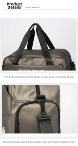 Macro shot of waterproof fabric, reinforced handle and durable metal hook on travel bag
