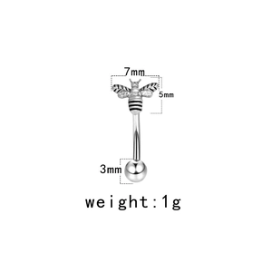 Surgical steel eyebrow piercing featuring a silver bee design with detailed dimensions