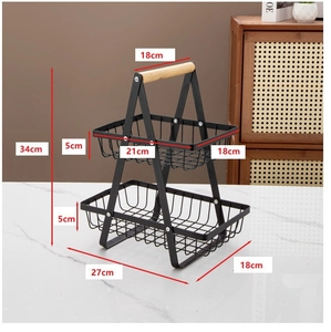 Two-tier matte black metal fruit basket with wooden handle and product dimensions