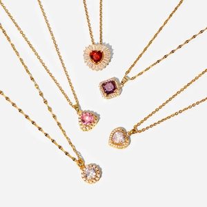 18k gold plated stainless steel necklaces with colorful heart and square zircon pendants
