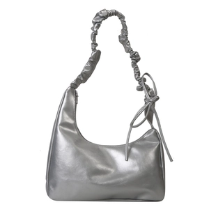 Silver metallic pleated hobo underarm bag with side bow detail for women