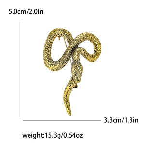 Vintage golden snake brooch in alloy enamel showing professional dimensions and weight