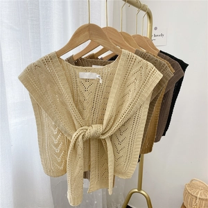 Women's V-neck sleeveless knitted vest with front tie detail in multiple neutral colors