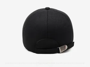 Rear view of winter wool baseball cap featuring adjustable silver metal buckle detail