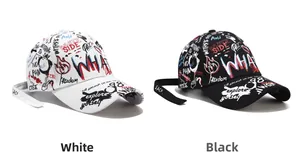 Detail view of graffiti baseball caps in black and white with street art patterns