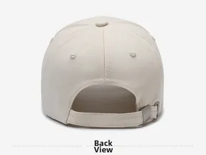Detail view of the back of an off-white cotton baseball cap with adjustable metal buckle