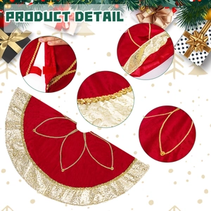 Red velvet Christmas tree skirt with gold embroidery and lace trim detail display