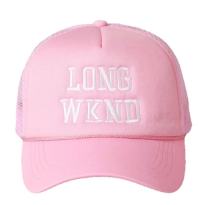 Pink trucker hat with LONG WKND white embroidery and breathable mesh back