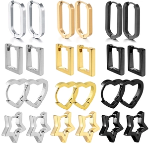 Stainless Steel Geometric Hoop Earrings Star Heart Square Rectangle Huggie Buckle Minimalist Punk Retro Jewelry For Women Men