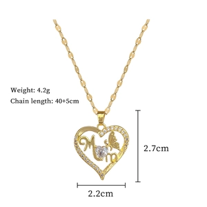 Detail of Mom heart butterfly necklace with gold plating and sparkling rhinestones