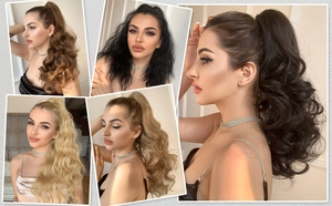 Close-up showing various shades of long wavy claw clip ponytail extensions for women