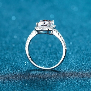 Elegant 925 sterling silver radiant cut moissanite halo ring with micro paved diamonds