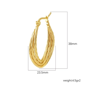 Golden multi-layer twisted hoop earrings with 38mm height and 23.5mm width dimensions