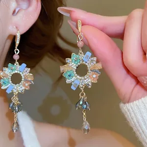 Bohemian Colorful Flower Tassel Drop Earrings With Zircon And Crystal Waterdrop Pendant Vintage Court Style Jewelry Women