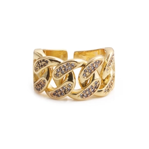 Iced out gold Cuban link chain watch band ring with sparkling pavé cubic zirconia