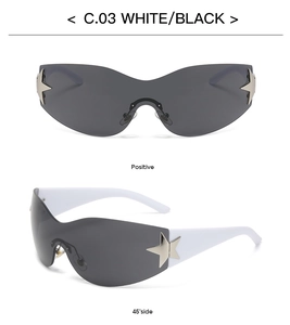 Y2K rimless shield sunglasses featuring silver star decor on white temples with grey lenses