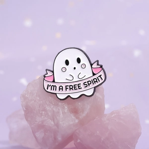 Cute white ghost enamel pin with pink ribbon and I'm a Free Spirit text on pink quartz