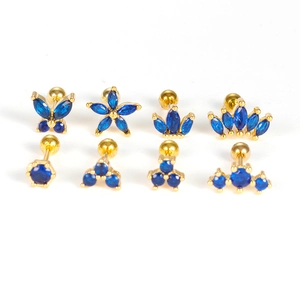 Set of 8 gold stainless steel earrings with royal blue zircon flowers and crowns
