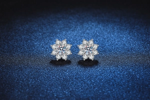 Macro detail of sunflower-shaped S925 silver stud earrings with sparkling pavé stones