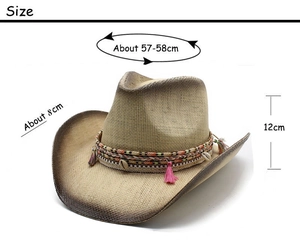 Detailed view of straw cowboy hat featuring ethnic beads and colorful shell tassel