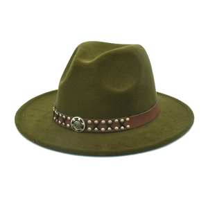 Detail of army green wool fedora with brown leather strap and vintage metal buckle