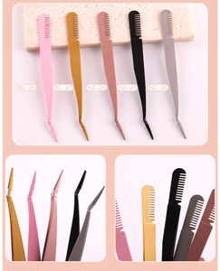 Detail view of 5-piece stainless steel eyelash tweezers and comb set in multiple finishes