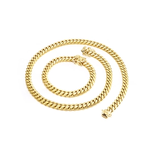 8mm gold stainless steel Cuban link chain set with necklace and bracelet in professional view