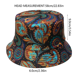 Detailed view of paisley bucket hat showing dimensions 58cm circumference and 6cm brim