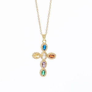 Gold-plated cross necklace with multi-color oval gemstones and micro-pave crystals