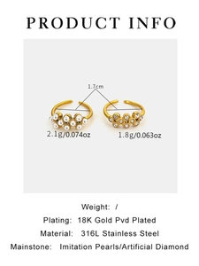 Detailed spec sheet for 18k gold plated stainless steel rings with pearls and zircons
